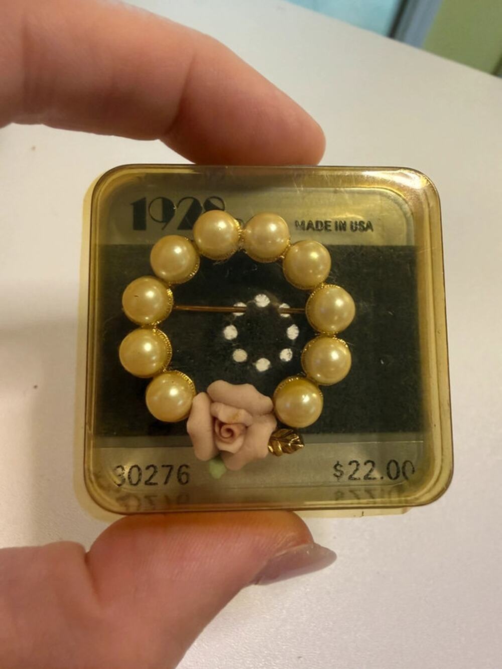 Vintage 1928 Jewelry Porcelain Rose Faux Pearl Wreath Brooch NOS USA